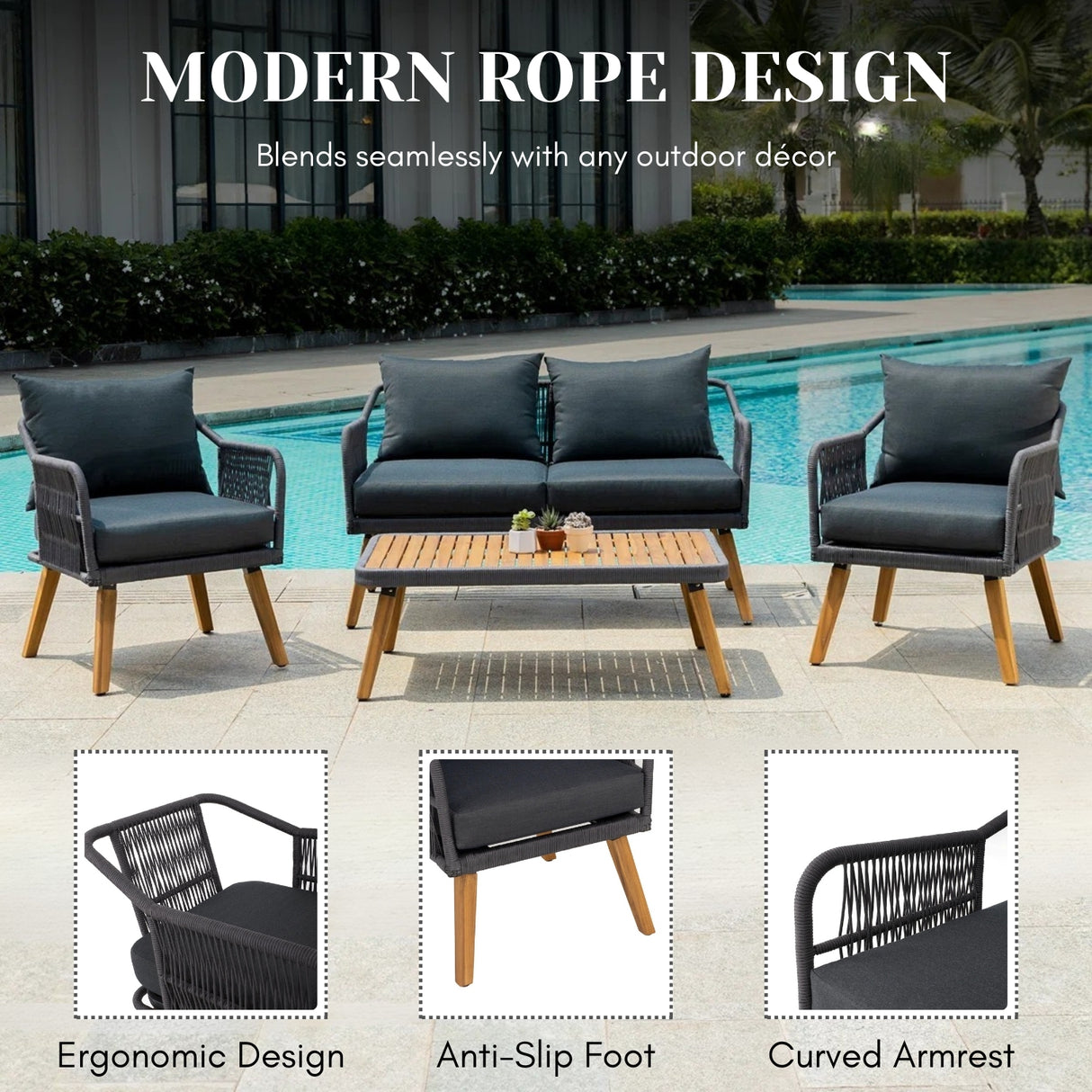 4-Piece Outdoor Rope Patio Furniture Set with Wood-Top Table