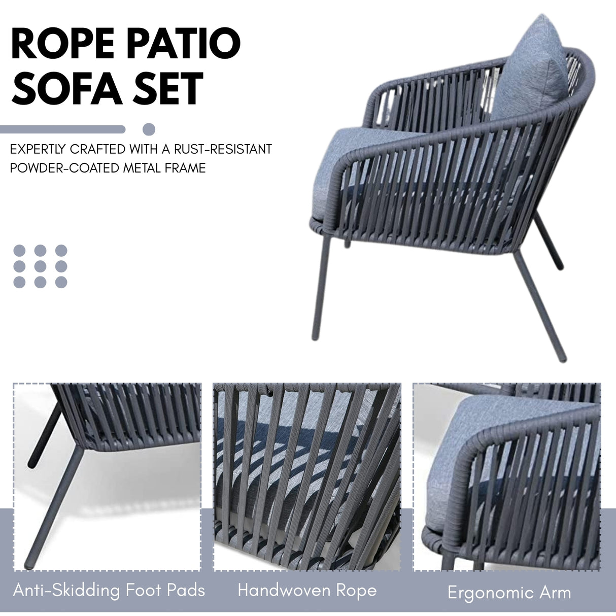4-Piece Outdoor Rope Patio Sofa Set (Grey)