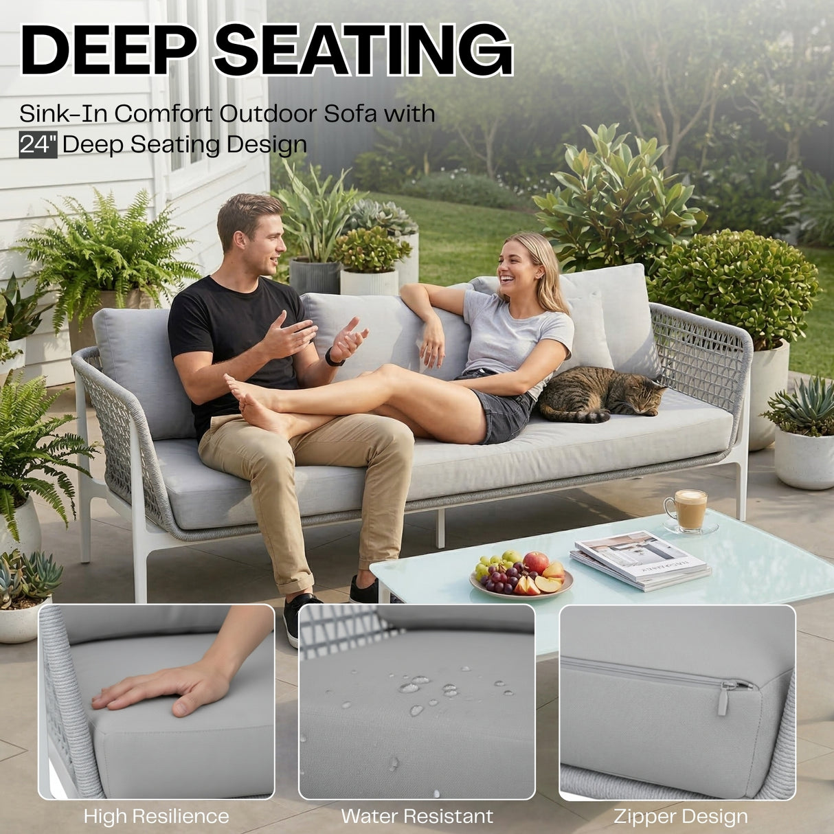 Outdoor Rope 5-Seater Sofa Set With Glass Top Table (Grey)