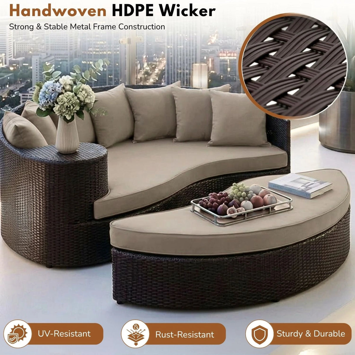 Outdoor Rattan Wicker Daybed (Dark Brown & Beige)