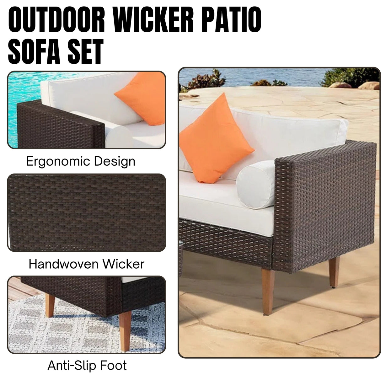 3-Pieces Outdoor Wicker L-Shape Sofa Set