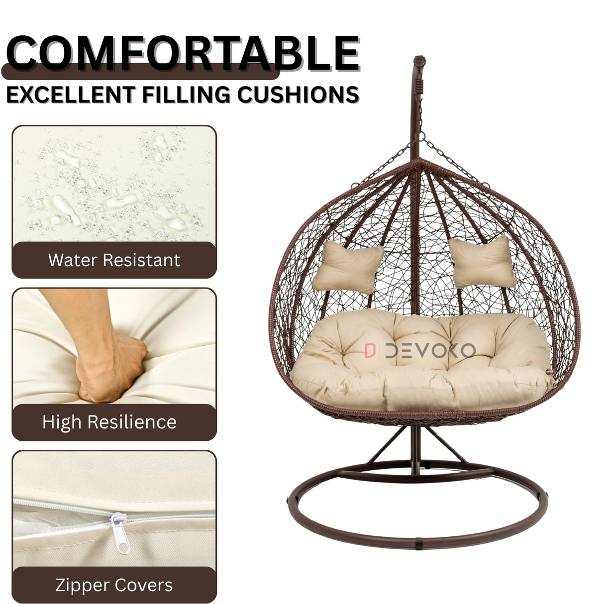 Double Seater Rattan & Wicker Swing (Brown & Cream)