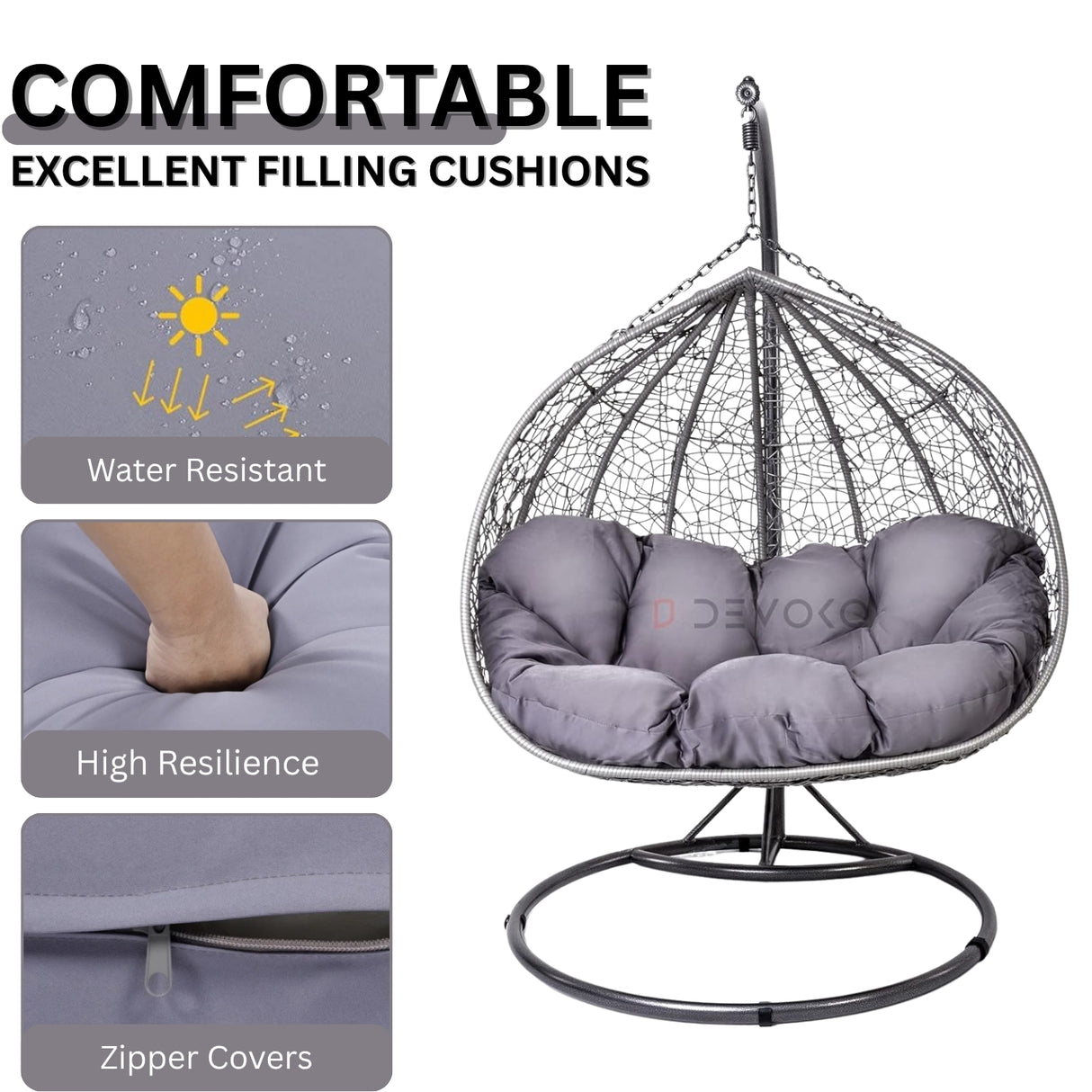 Double Seater Rattan & Wicker Swing (Grey)