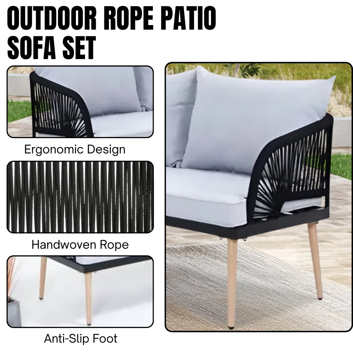 L-Shape 5 Seater Outdoor Patio Rope Conversation Set with Table