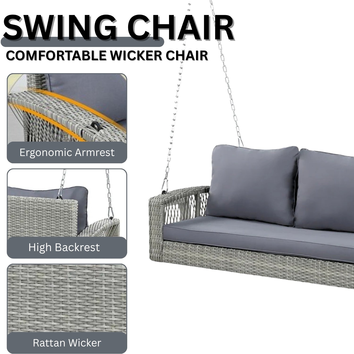 Outdoor Large HDPE Wicker 3-Person Porch Swing