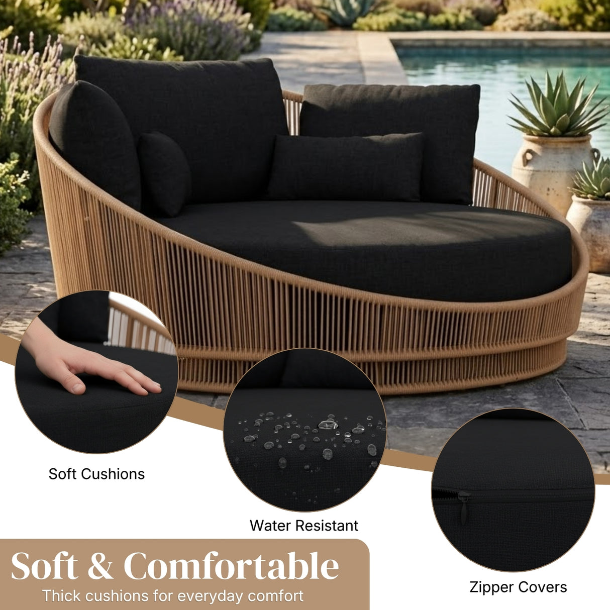 Modern Curved Patio Outdoor Rope Daybed (Beige & Black)