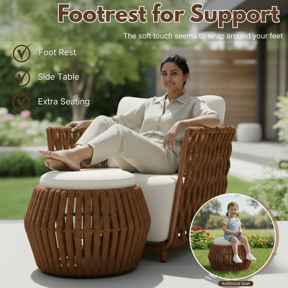 Outdoor Rope 3-Piece Patio Sofa Set (Brown & Off-White)