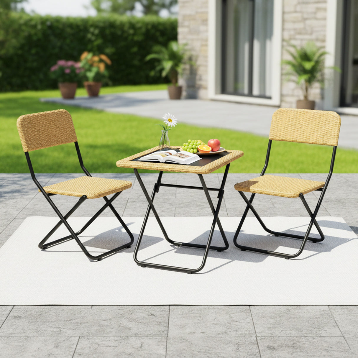 3-Piece Outdoor Wicker Folding Patio Set (Beige)