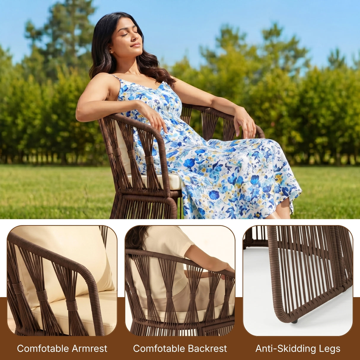 Outdoor Rope 3-Piece Patio Set (Brown & Cream)