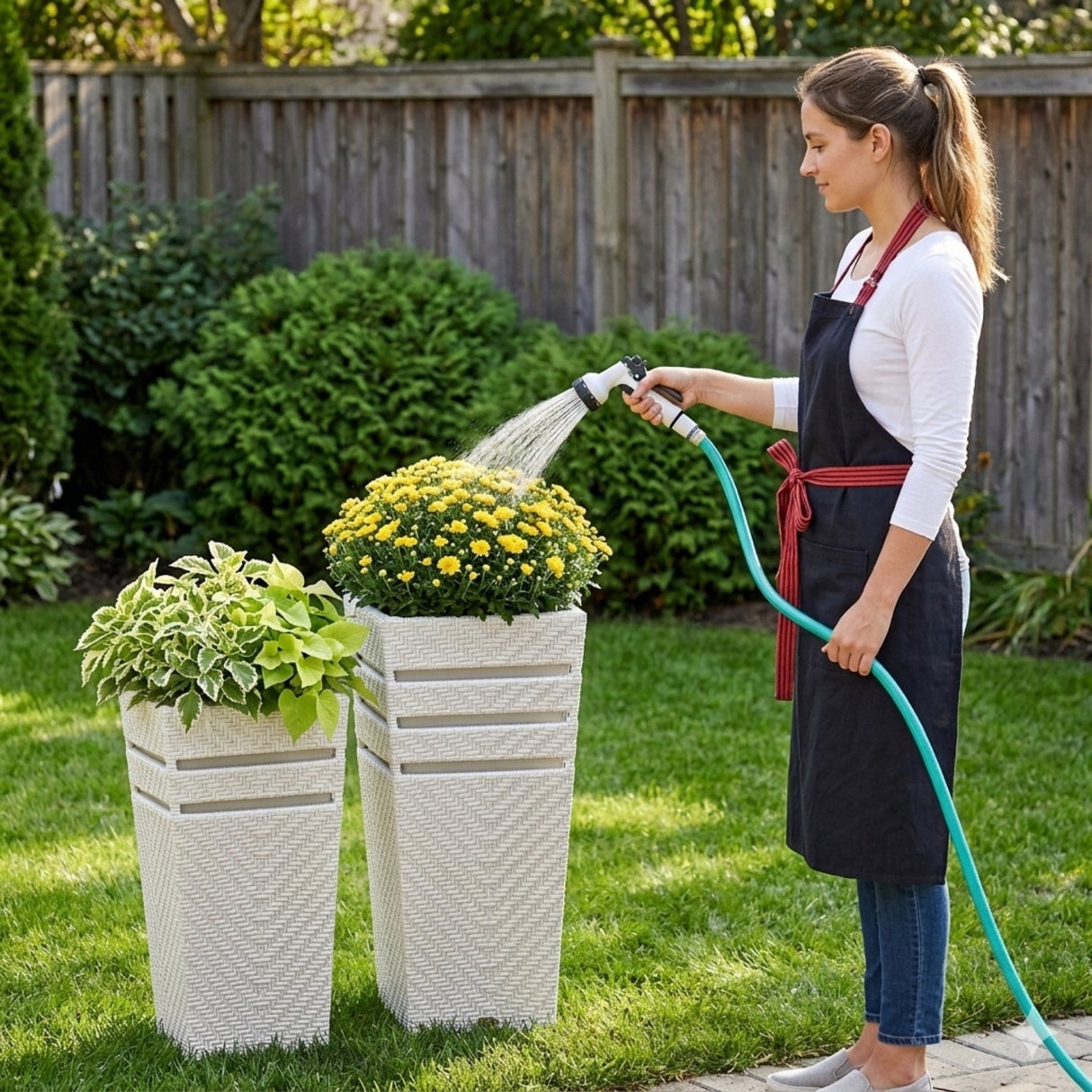 Outdoor Tall Square Rattan Planter Set of 2 (White)
