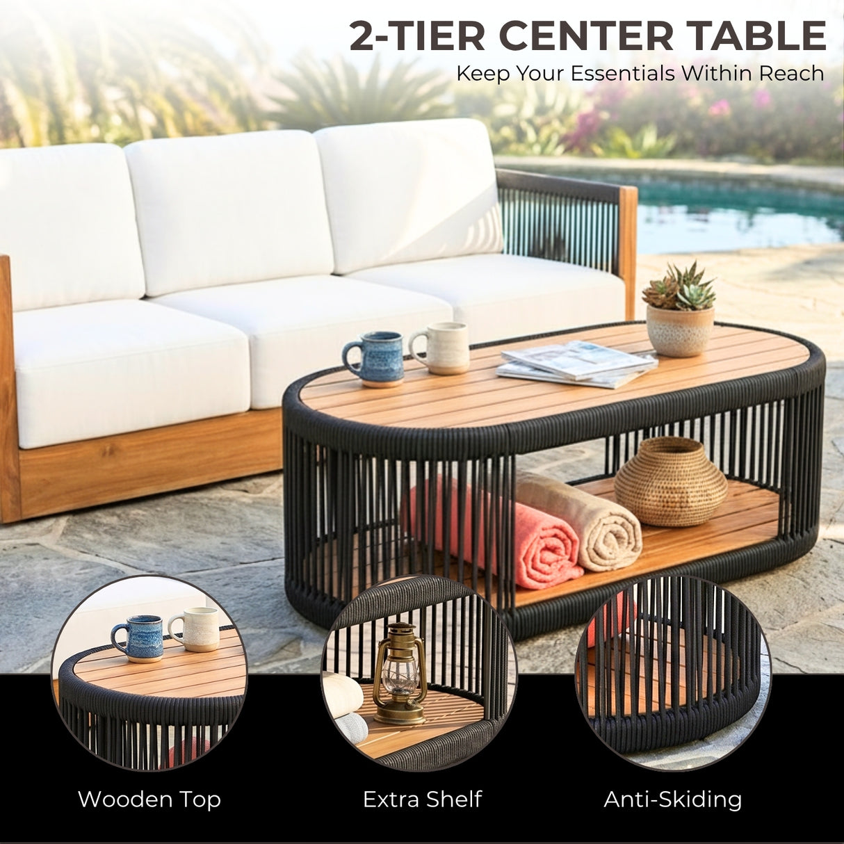 Outdoor Teak Wood Rope 3 Seater Sofa Set with 2-Tier Center Table