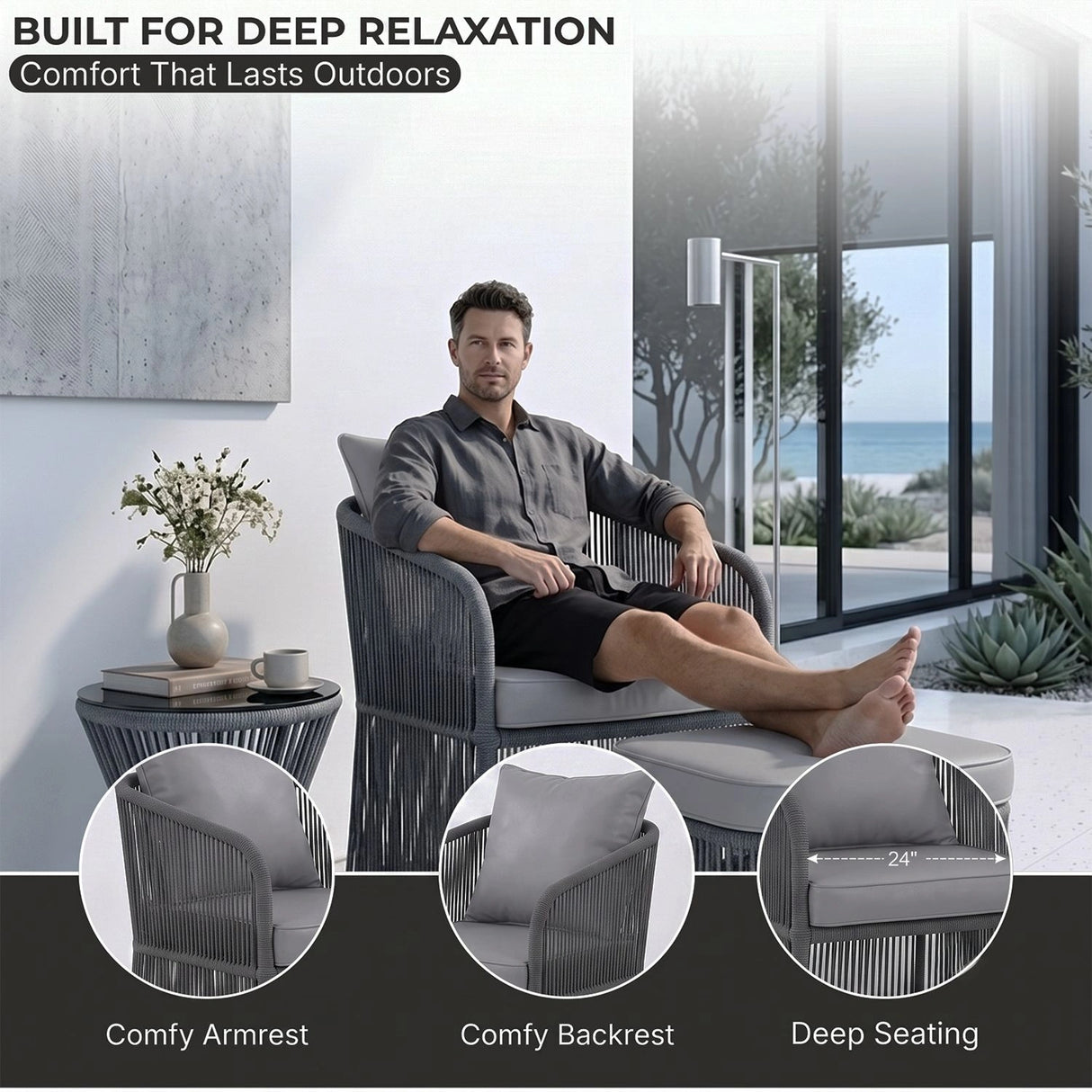 Outdoor 3 Piece Rope Patio Sofa Set (Grey)