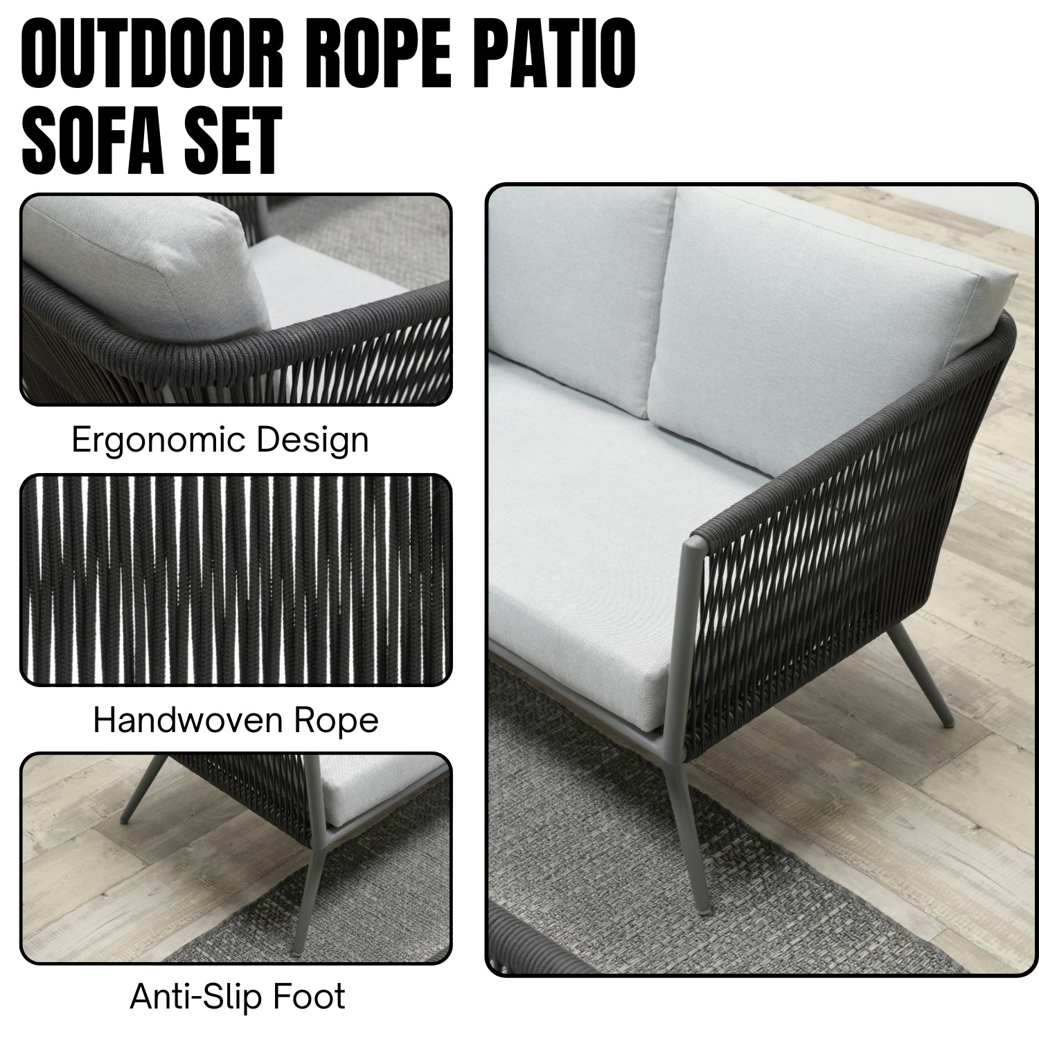 5-Seater Outdoor Rope Patio Sofa Set with Glass Top Tables (Black & Grey)