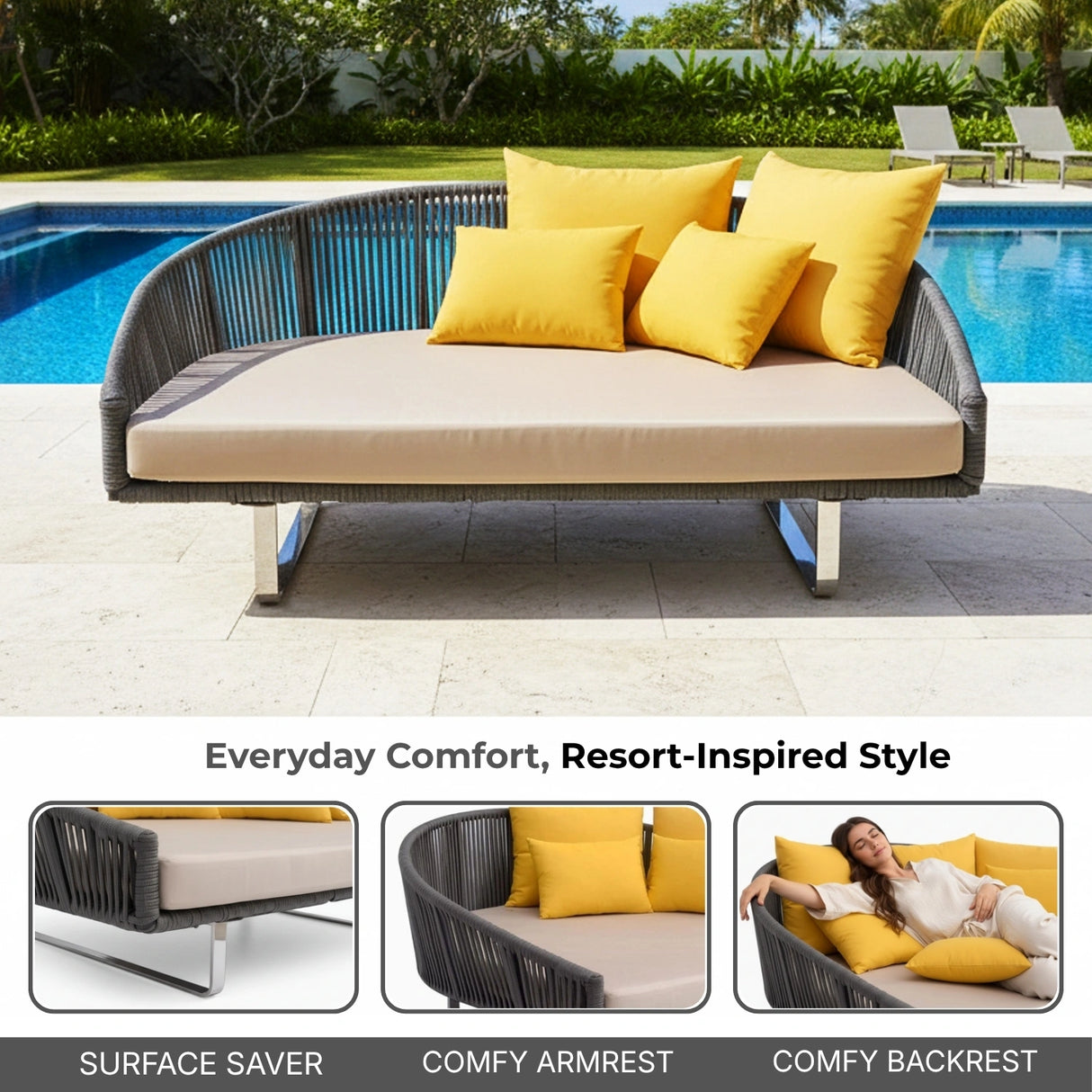 Outdoor Grey Rope Patio Daybed with Comfortable Cream Cushion