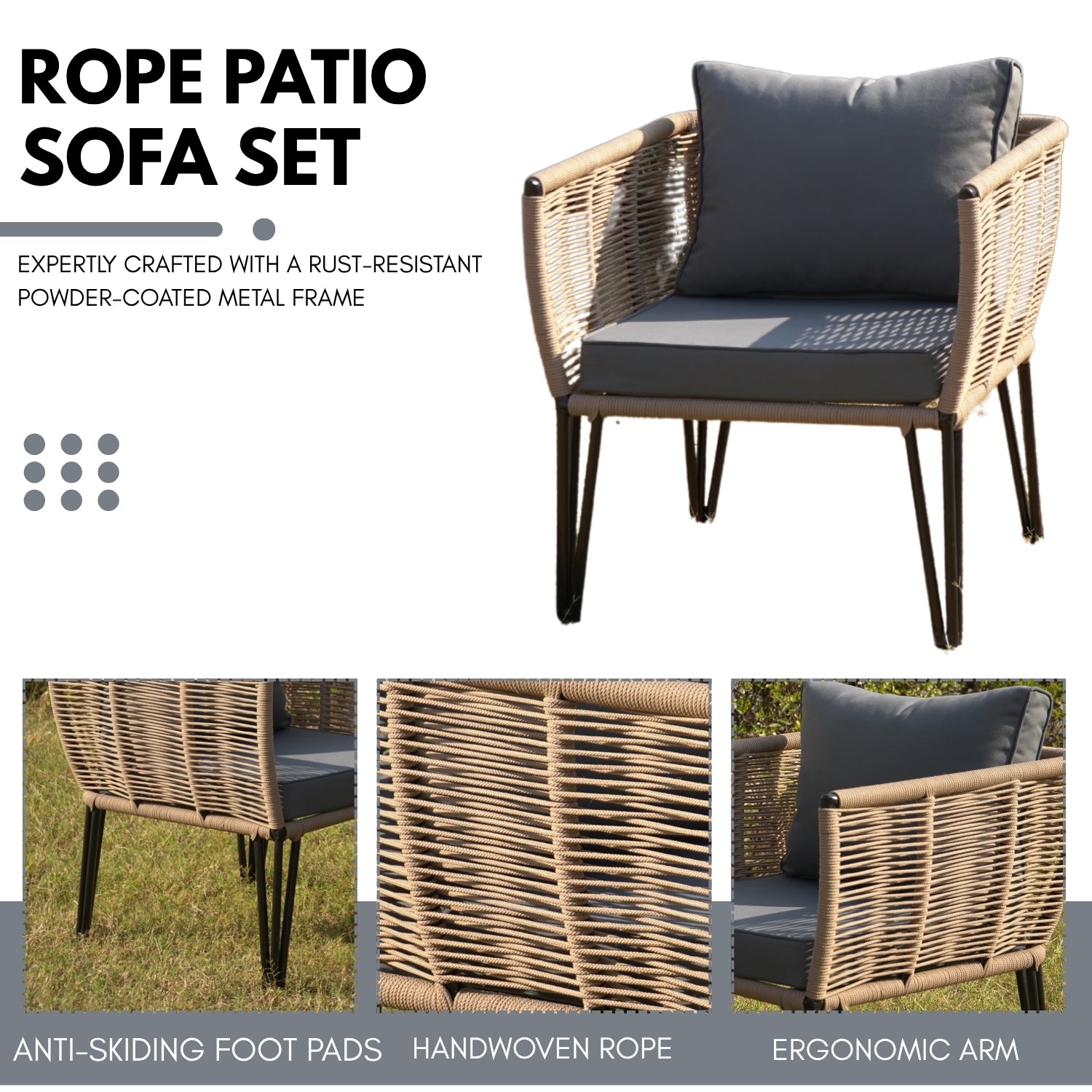 Outdoor Rope 4-Piece Patio Sofa Set with Glass Top Table (Beige & Dark Grey)