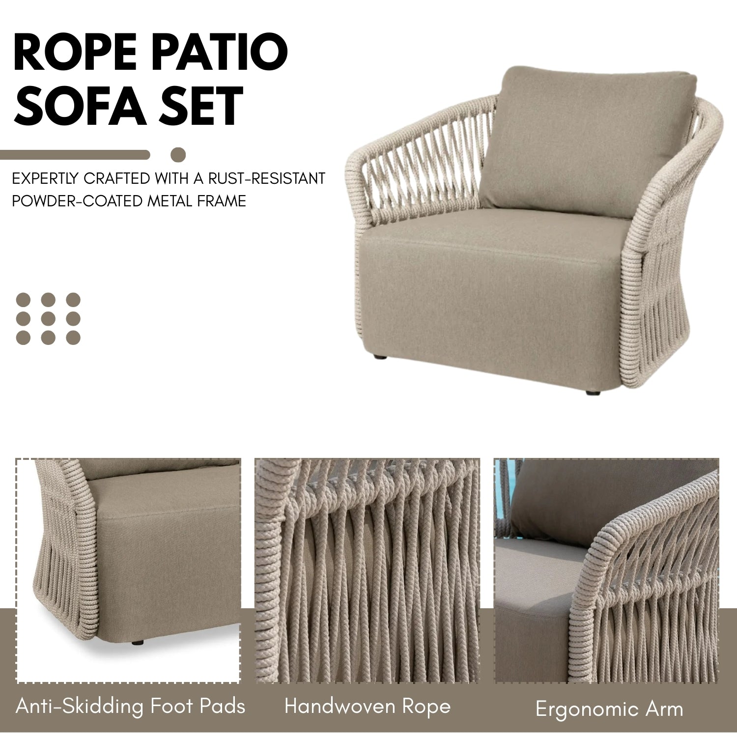 4-Piece Outdoor Braid & Rope Sofa Set (Beige & Dark Cream)