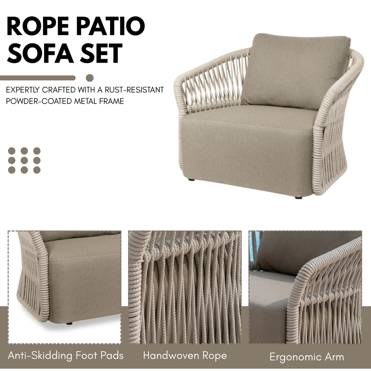 4-Piece Outdoor Braid & Rope Sofa Set (Beige & Dark Cream)