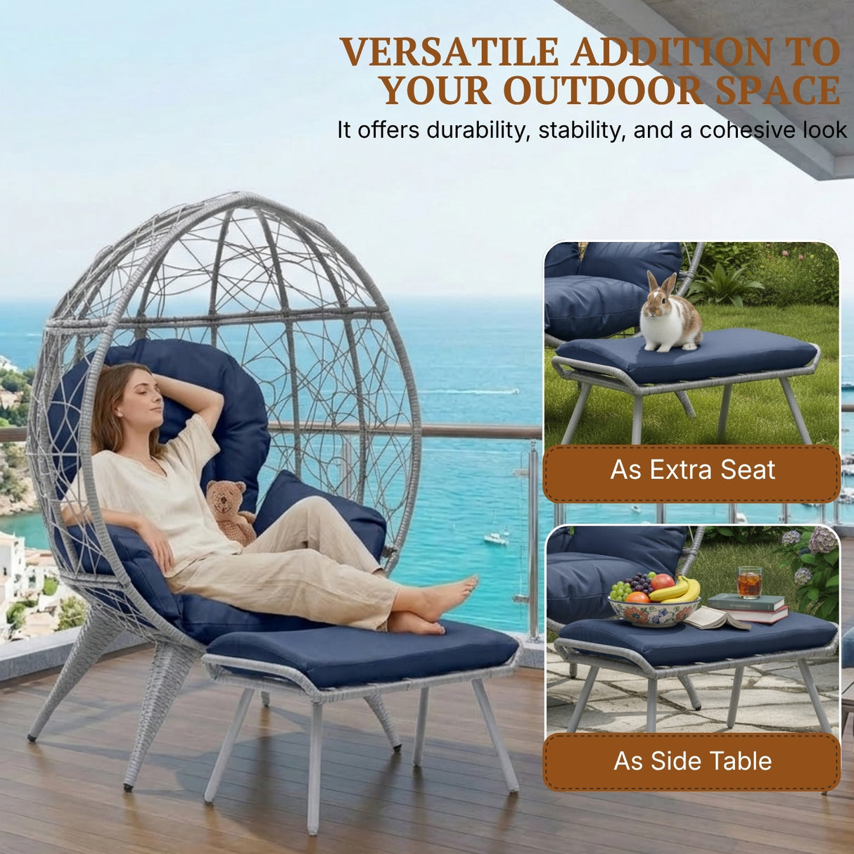 Outdoor Wicker Egg Chair with Ottoman (Silver Grey & Navy-Blue)