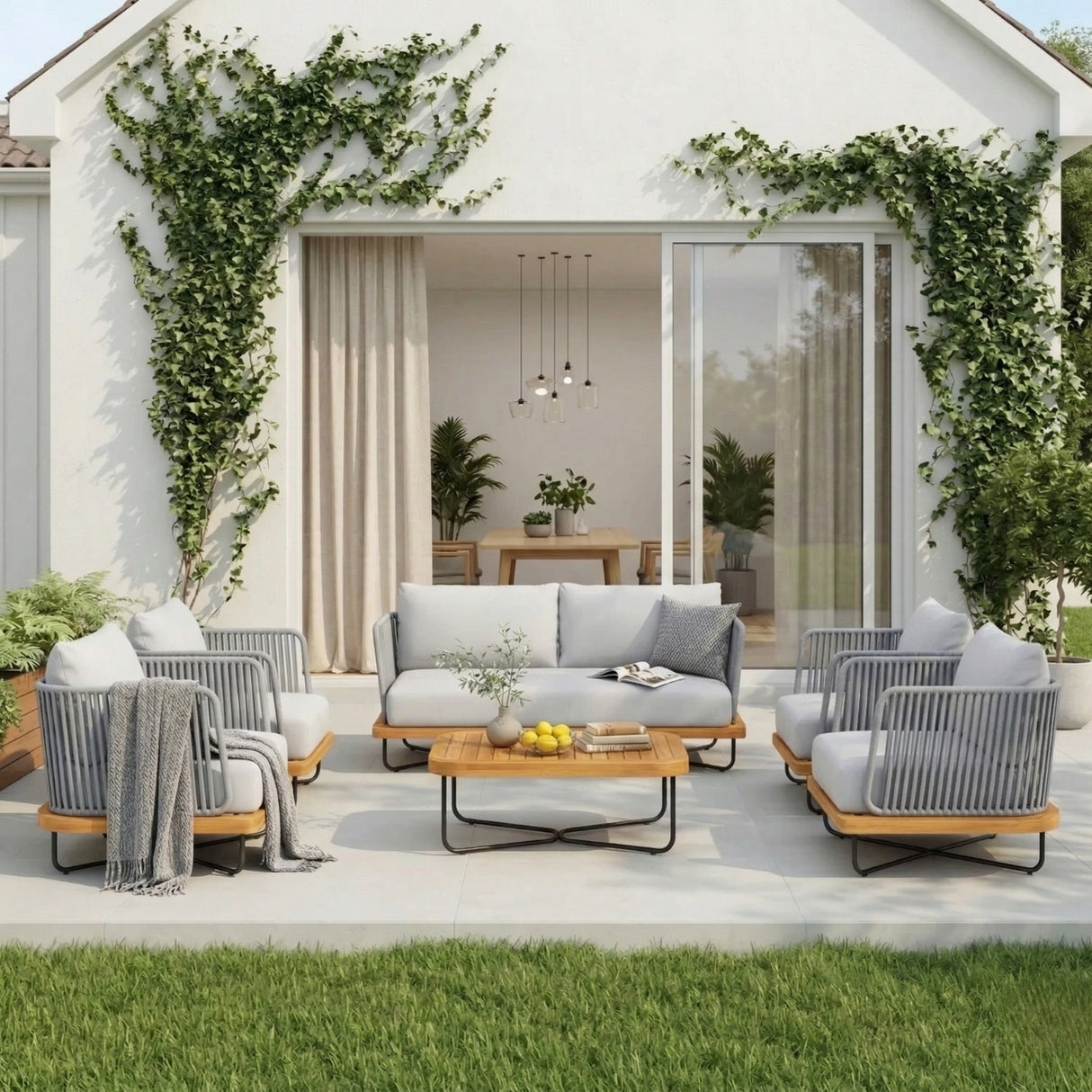 Outdoor 6-Piece Rope Woven Conversation Sofa Set with Wooden Top Table