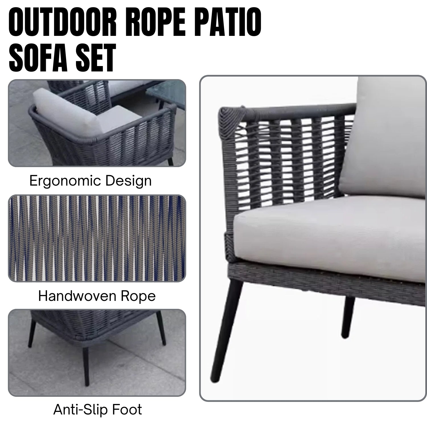 Outdoor Grey Rope 7-Seater Sofa Set With Glass Top Table