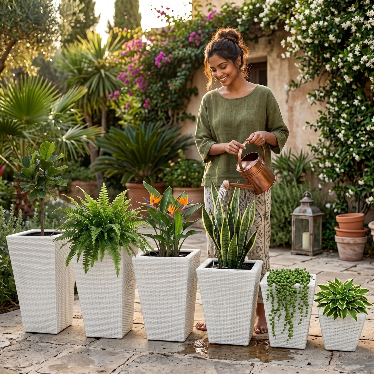 Tall Tapered Set of 6 Outdoor Wicker Planter (White)