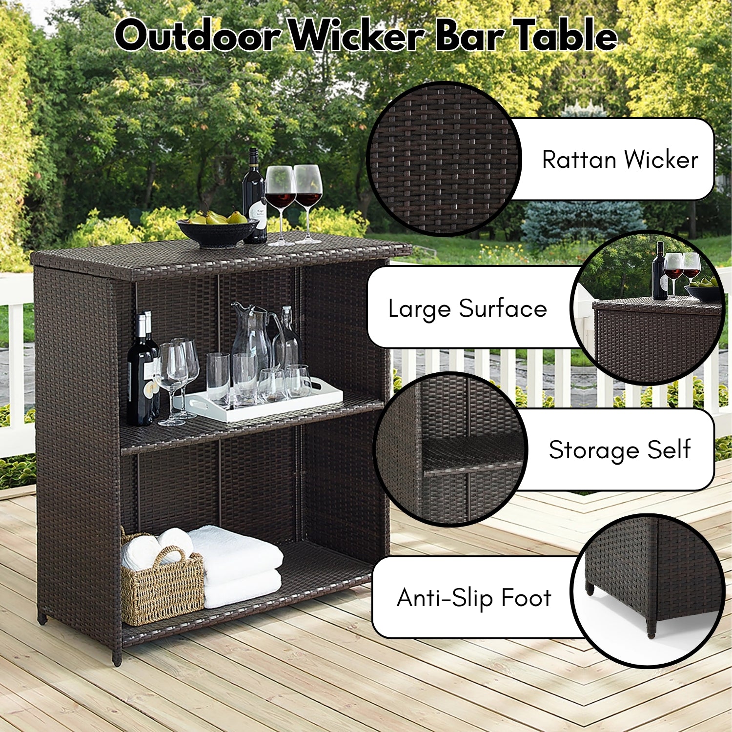 Outdoor Rattan Wicker Bar Table With Storage Selves
