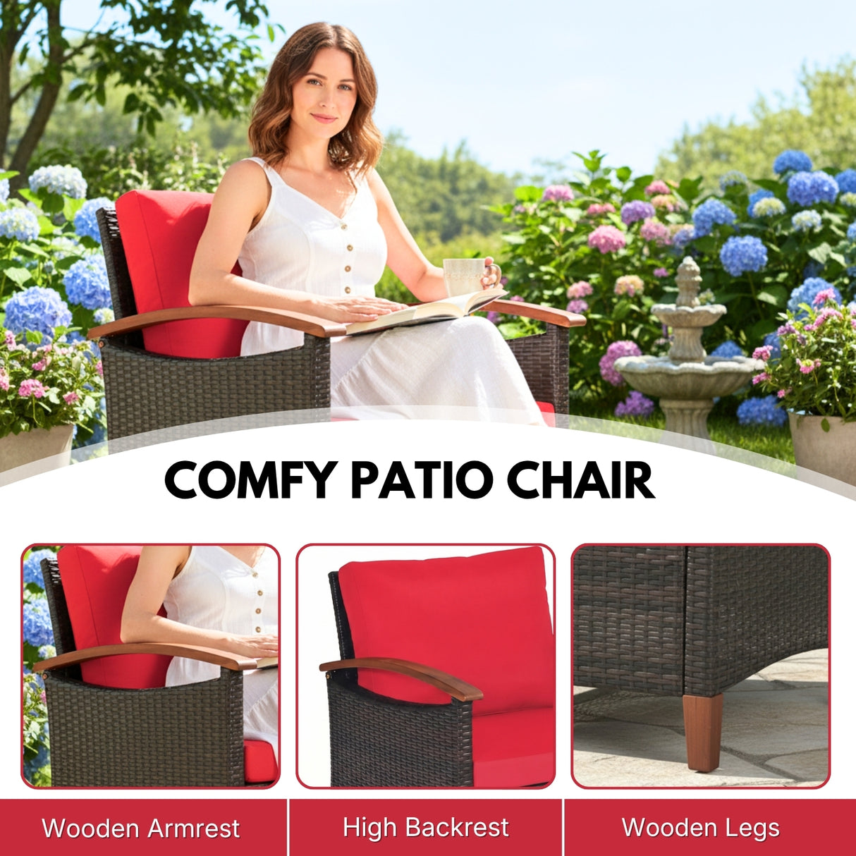 3-Piece Outdoor Wicker Patio Conversation Set (Dark Brown & Red)
