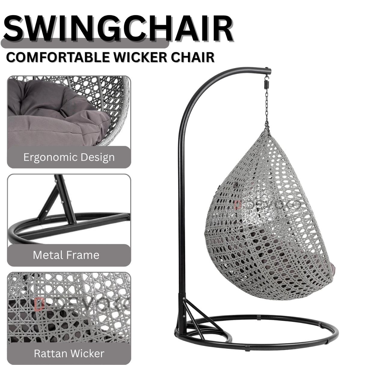 Double Seater Rattan & Wicker Swing (Grey)