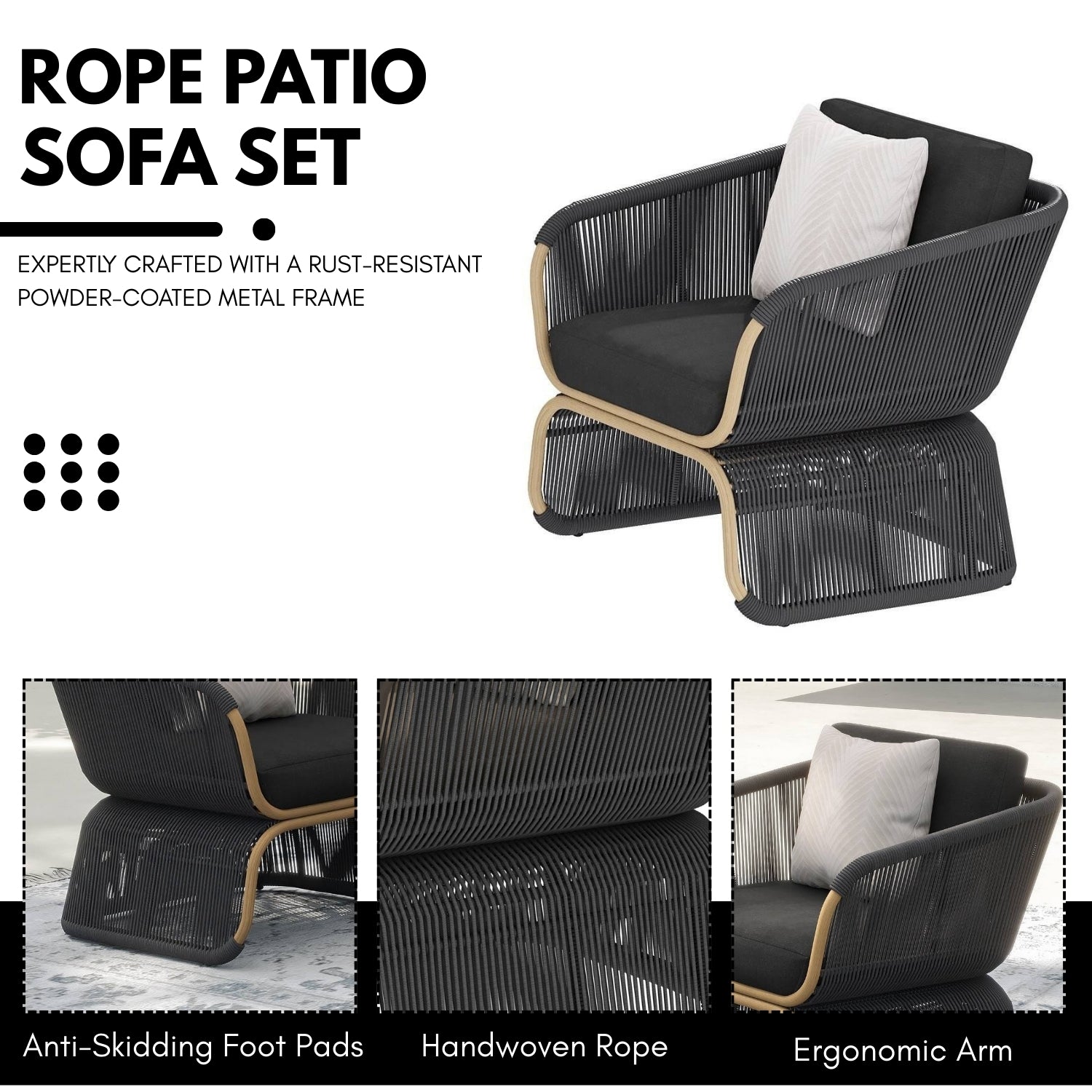 Outdoor Braided Rope Sofa Set With 2-Tier Glass Top Table