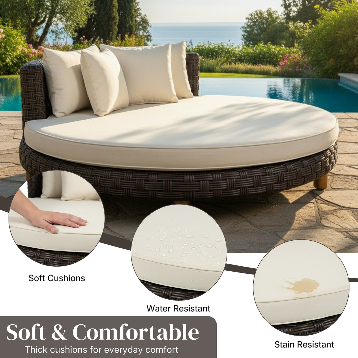 Outdoor All-Weather Rattan Wicker Round Daybed (Dark Brown & Cream)