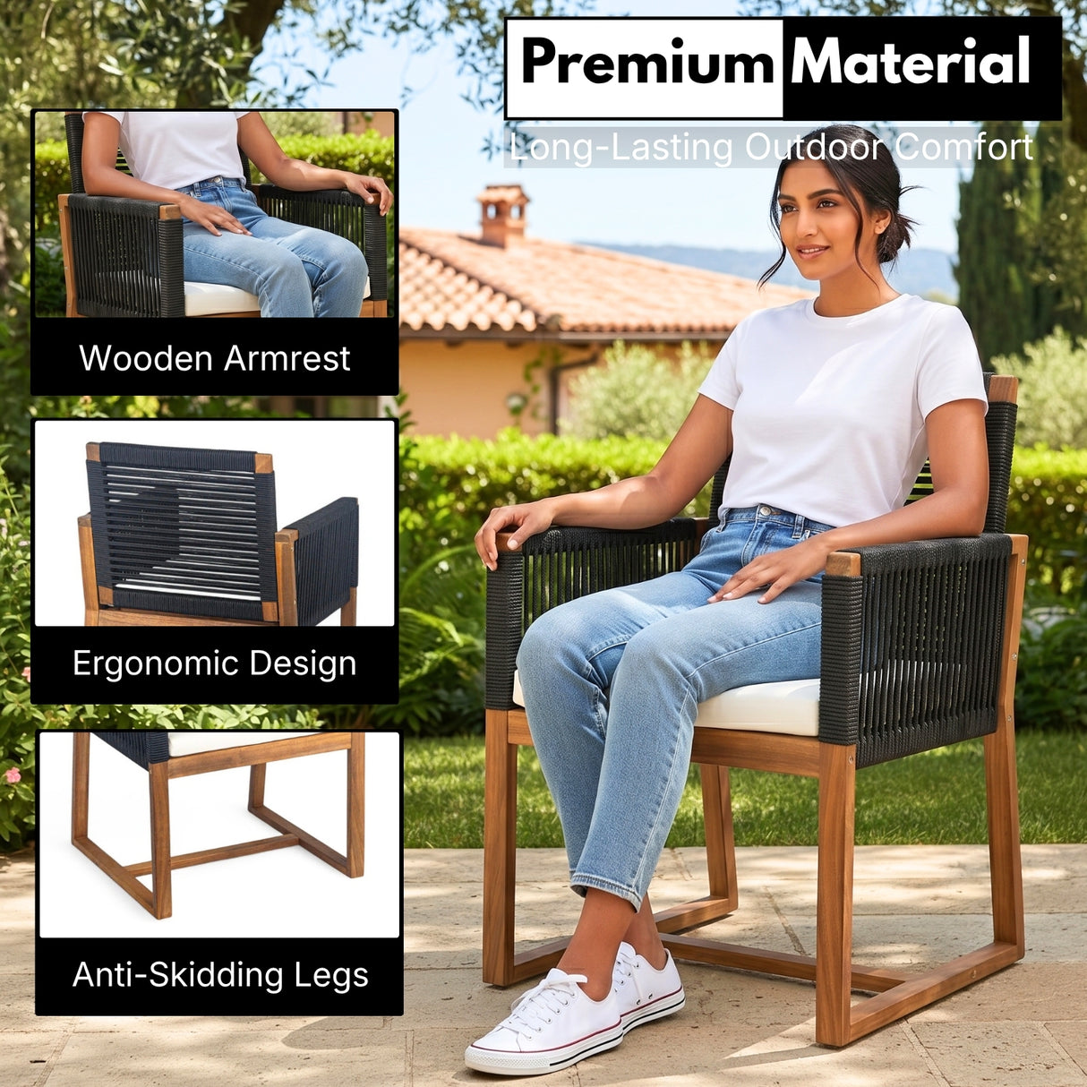 Modern Outdoor Rope Dining Chairs Set of 2 (Black & White)