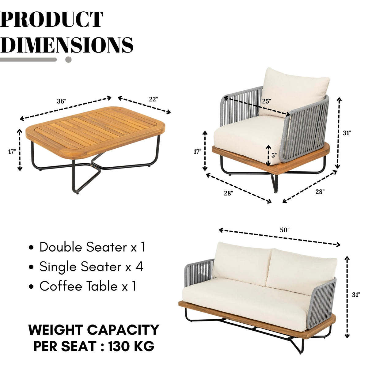 Outdoor 6-Piece Rope Woven Conversation Sofa Set with Wooden Top Table