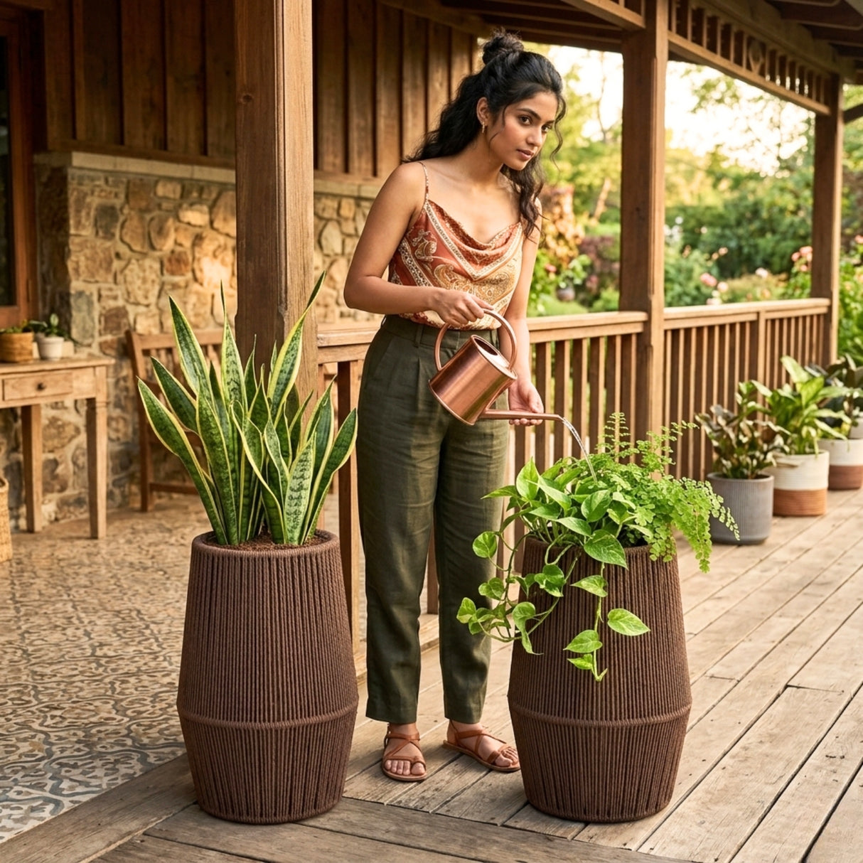 Outdoor Rope Planter Set of 2 (Brown)
