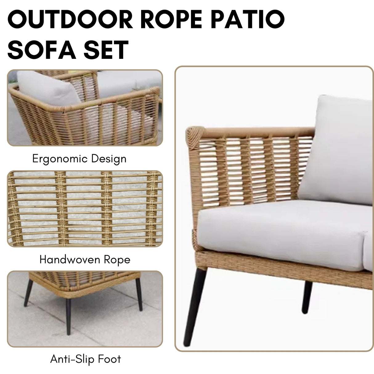 Outdoor Beige Rope 7-Seater Sofa Set With Glass Top Table
