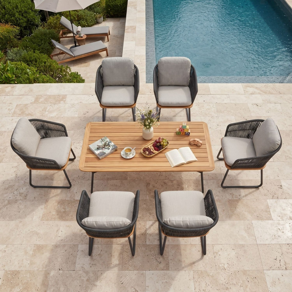 7-Piece Outdoor Patio Dining Set With Wooden Tabletop