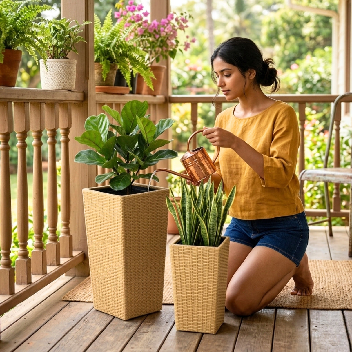 2-Piece Outdoor Rattan Wicker Tall Square Planters (Beige)