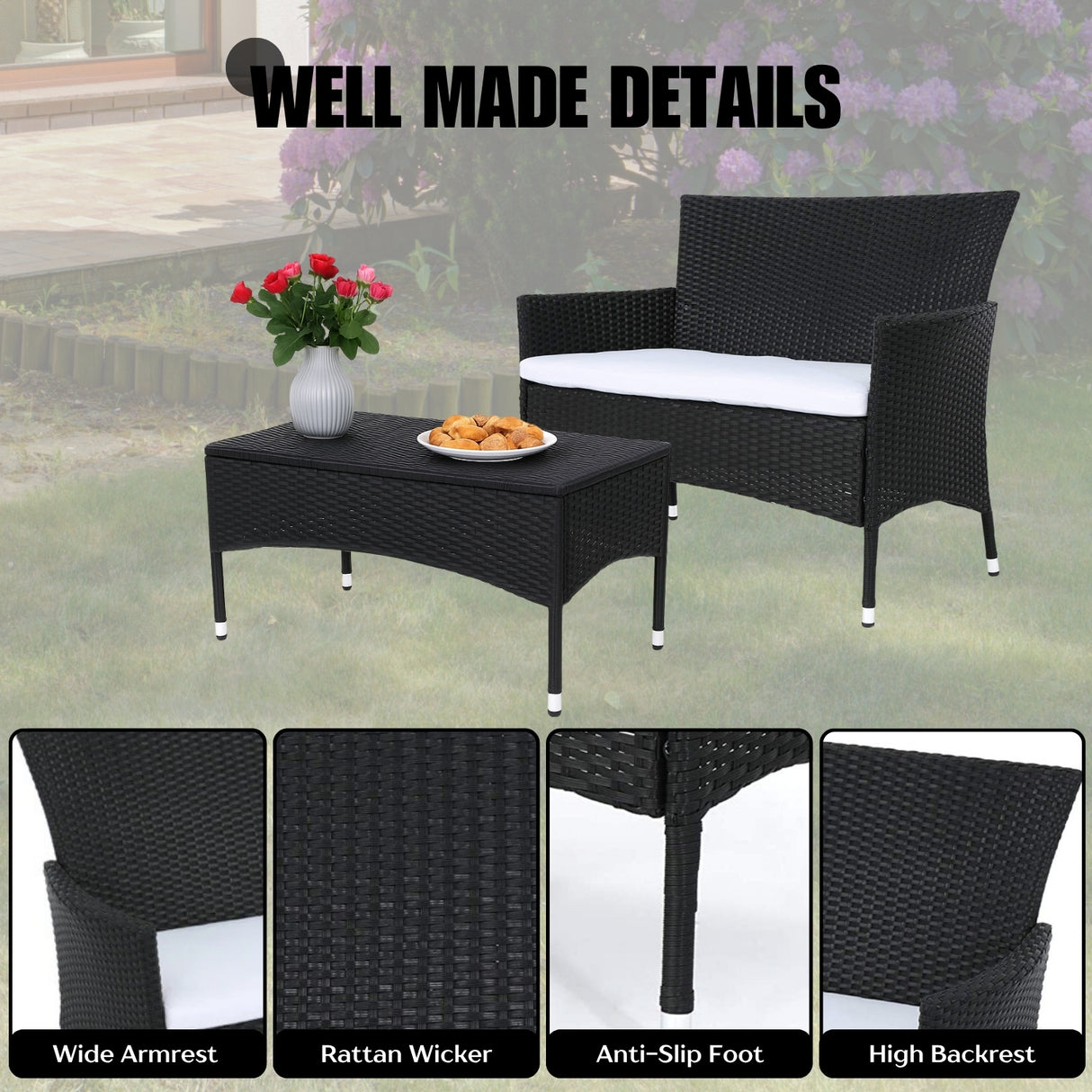 2-Piece Outdoor Rattan Wicker Loveseat Sofa