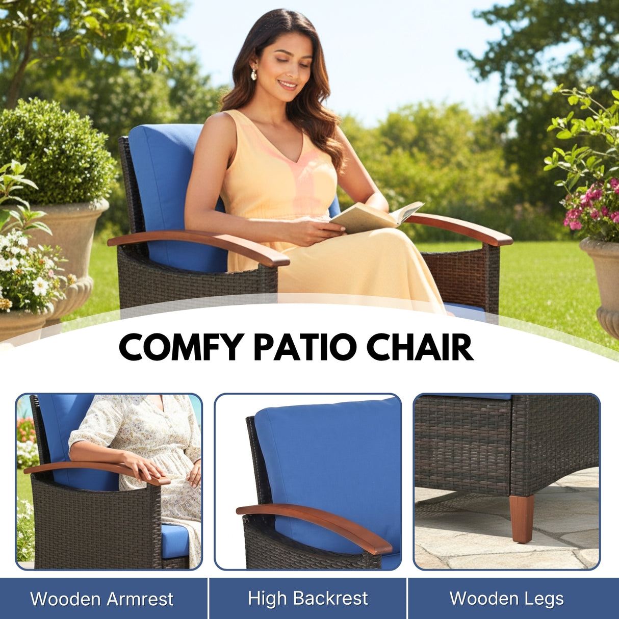 3-Piece Outdoor Wicker Patio Conversation Set (Dark Brown & Blue)