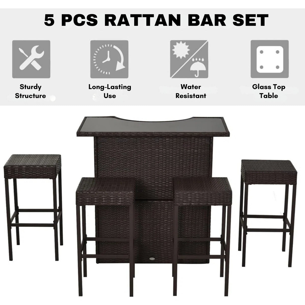Outdoor Wicker 5-Piece Bar Set with Glass Top Table