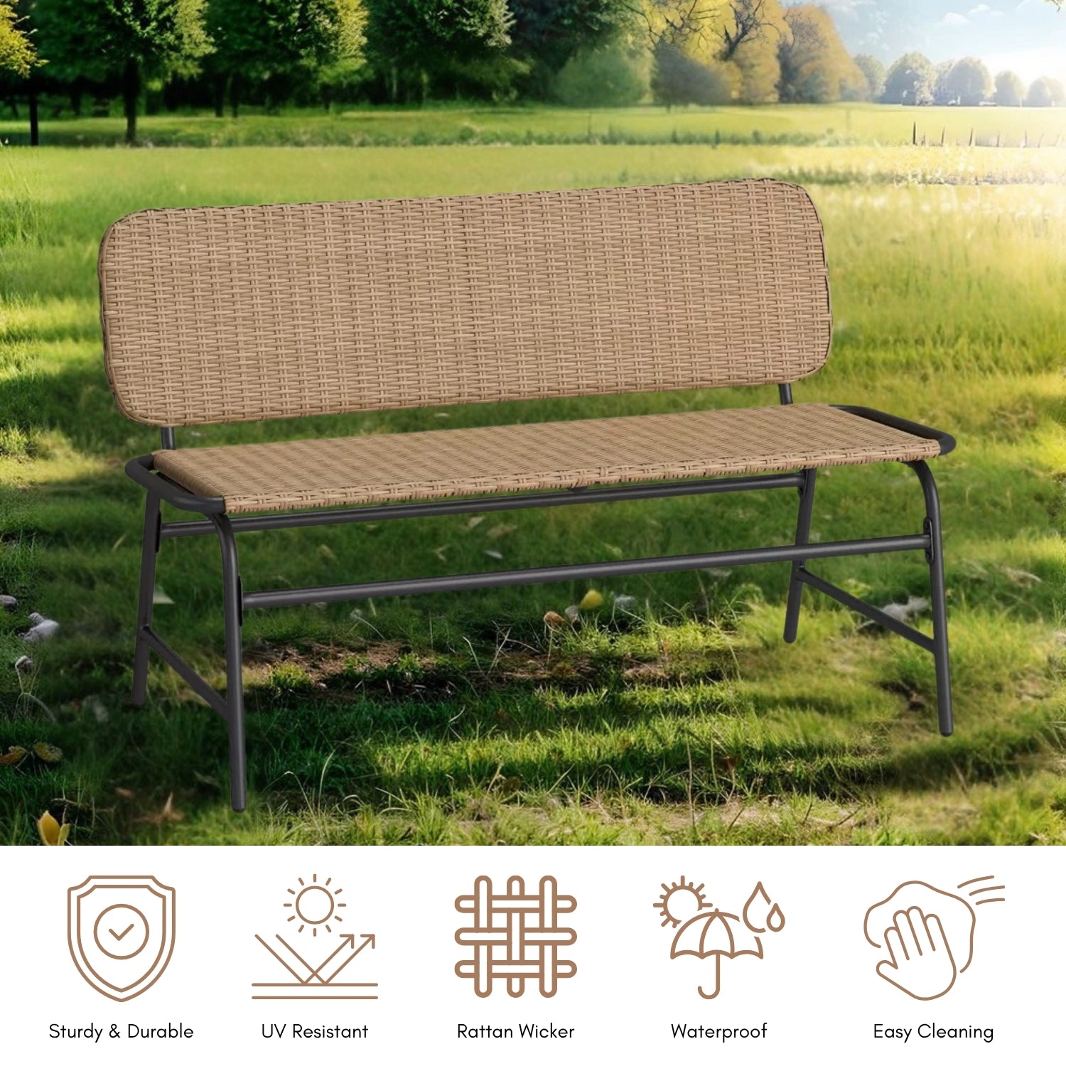2-Seater Outdoor Garden Rattan Bench With Metal Frames