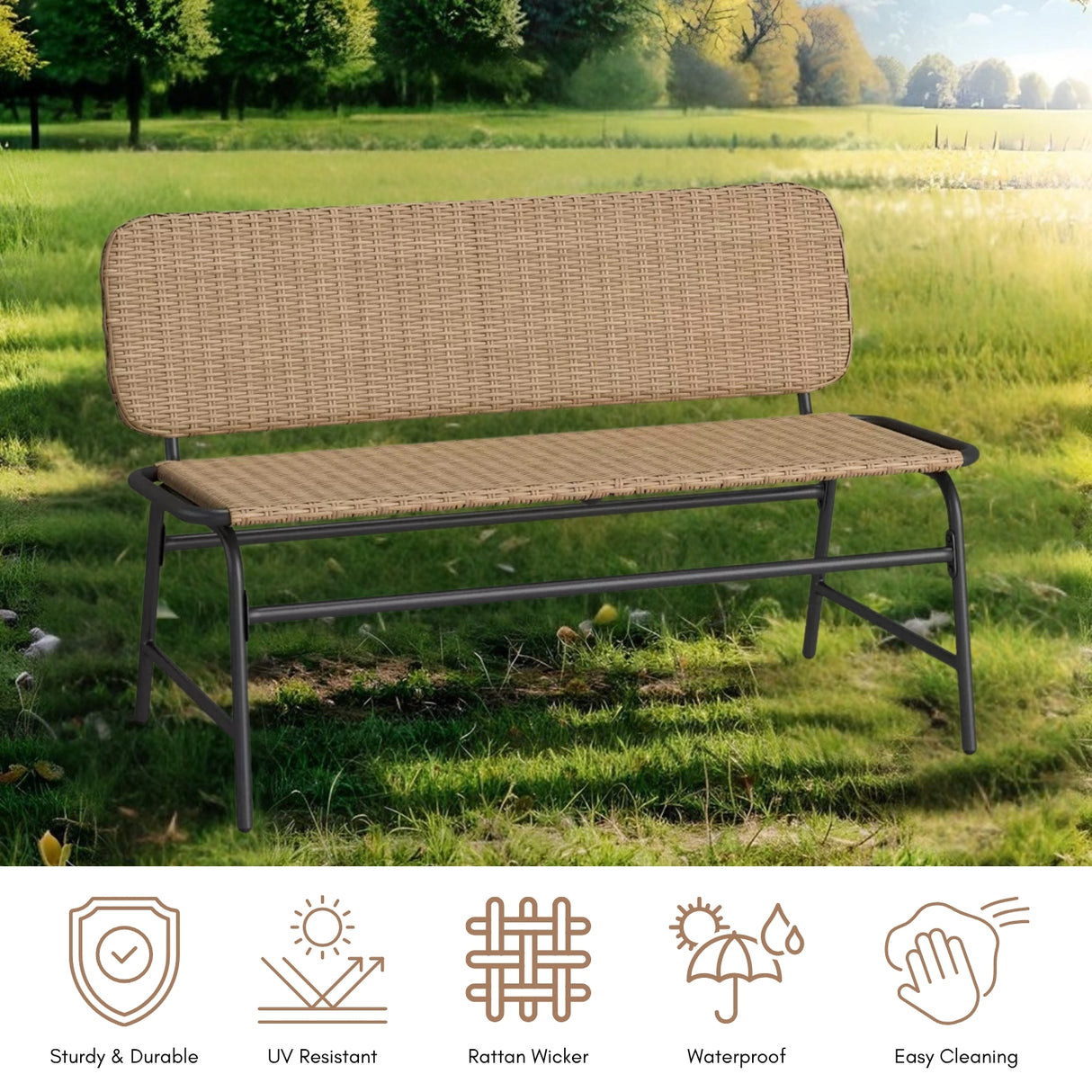2-Seater Outdoor Garden Rattan Bench With Metal Frames