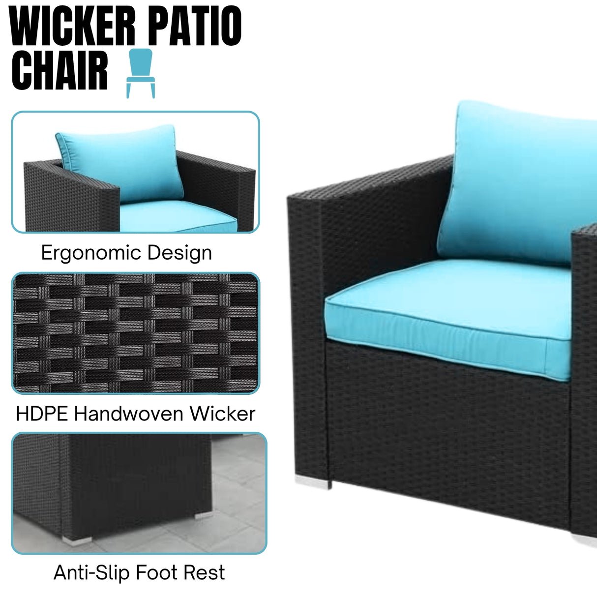 6-Piece Outdoor Conversation Set (Black & Sky-Blue)