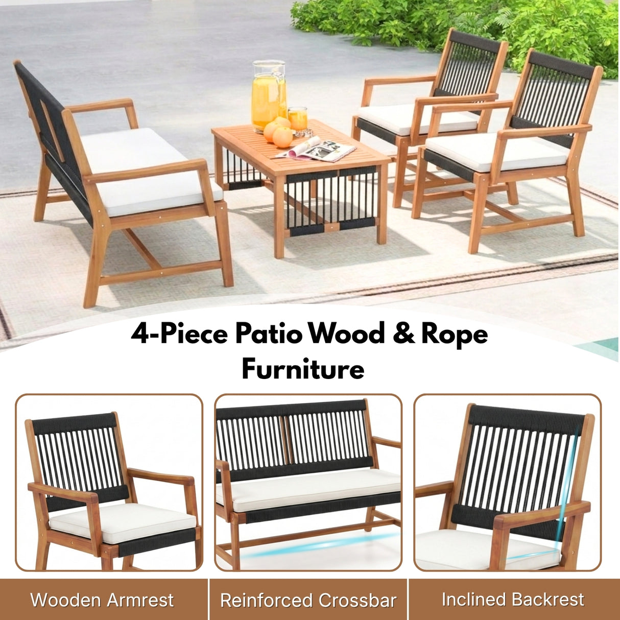 Outdoor Rope & Teak Wood 4-Piece Sofa Set (Black & White)