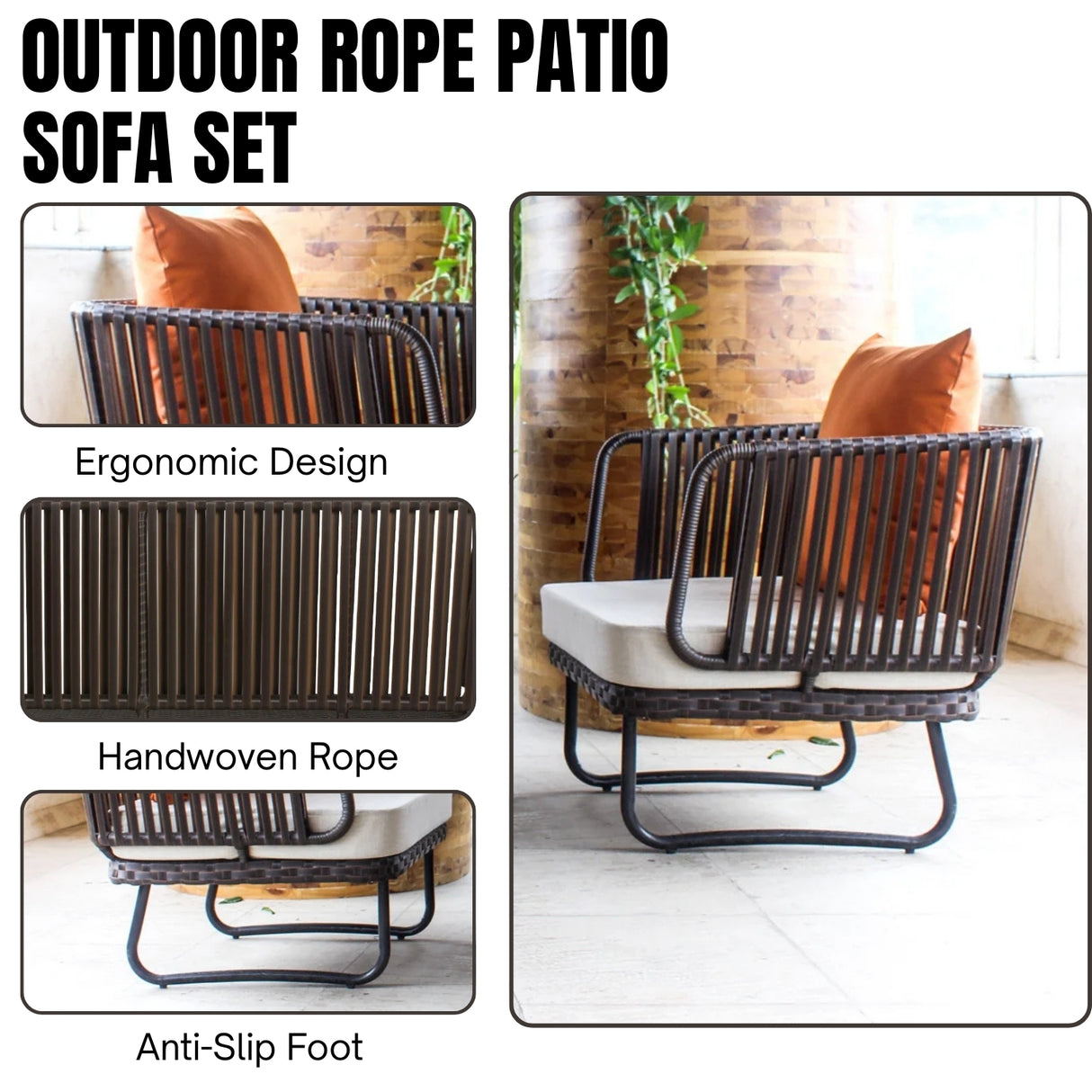 Outdoor Rope 4-Piece Patio Sofa Set with Wicker Top Table (Brown & White)