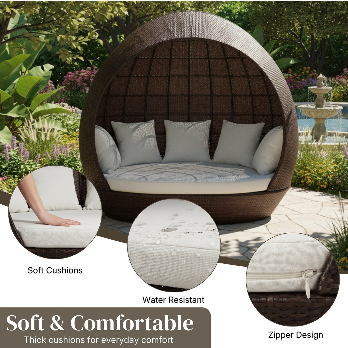 Outdoor Rattan Wicker Egg-Shaped Daybed (Dark Brown Wicker & Off-White)