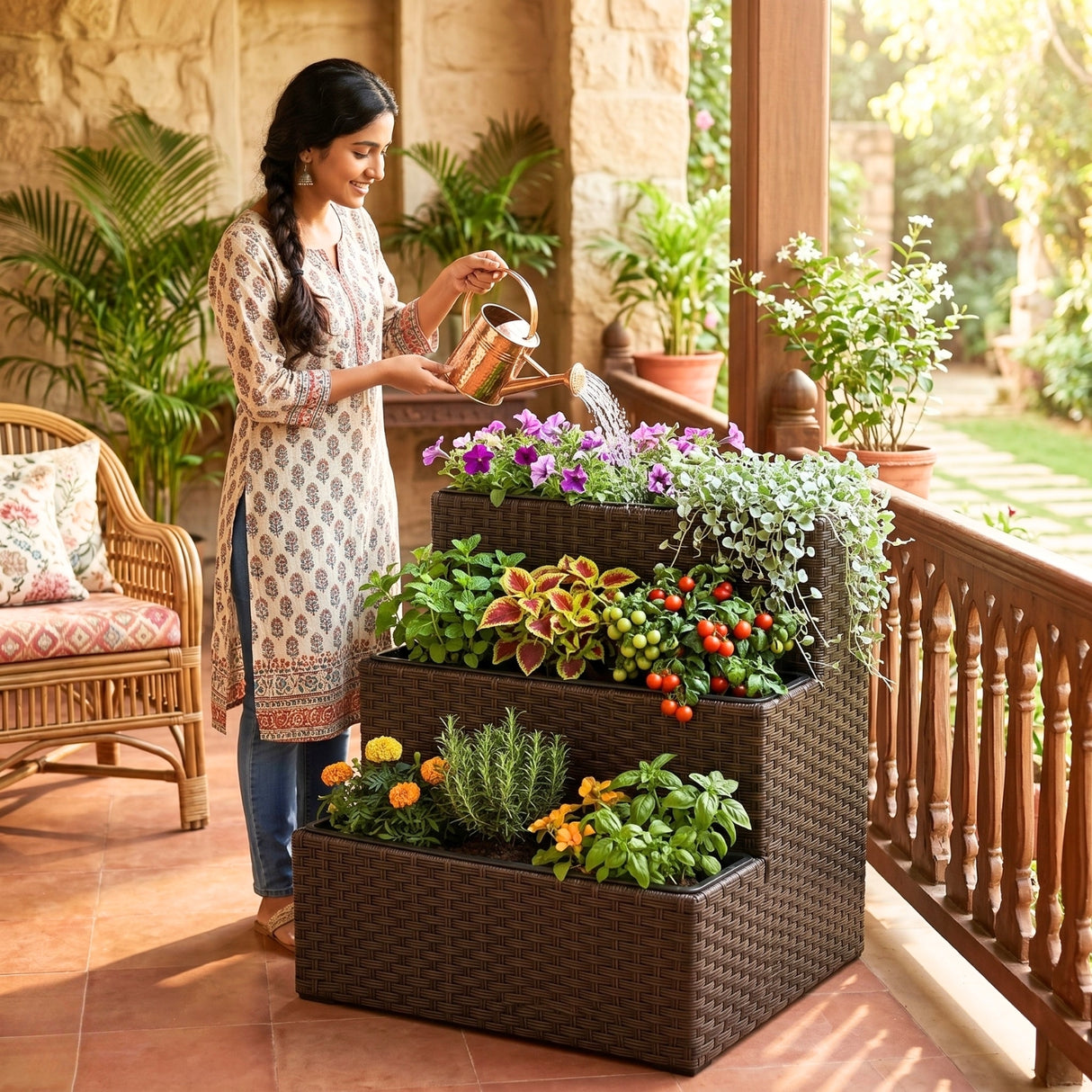 Outdoor 3-Tier Wicker Raised Planter Stand (Dark Brown)