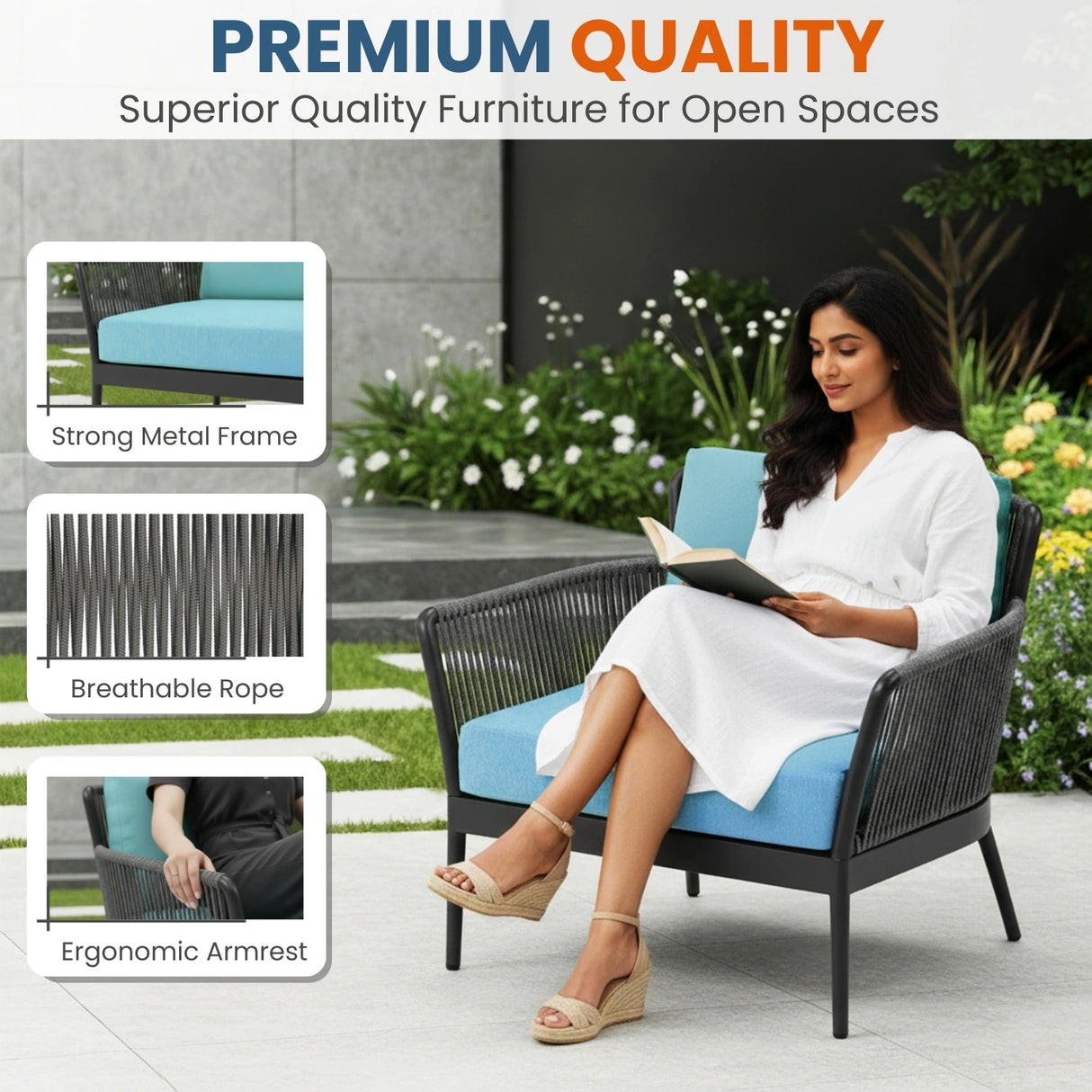 Outdoor 3 Piece All-Weather Rope Patio Set