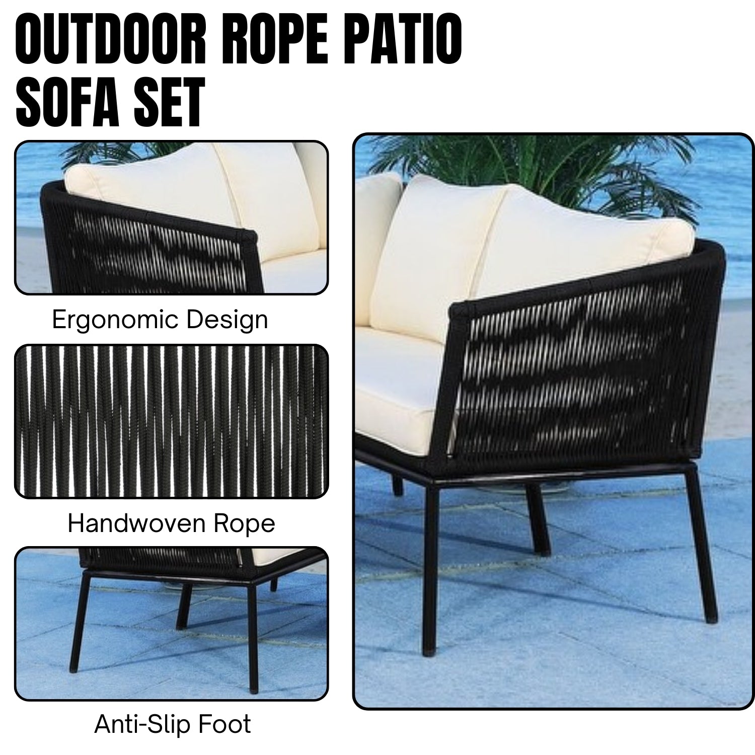 Outdoor Black Rope L-Shape All Weather Sectional Sofa Set