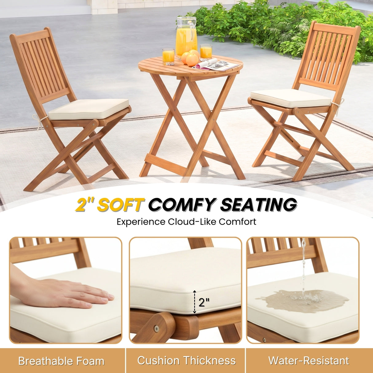 Acacia Wood Foldable Outdoor Bistro Set – 2 Chairs & Round Table