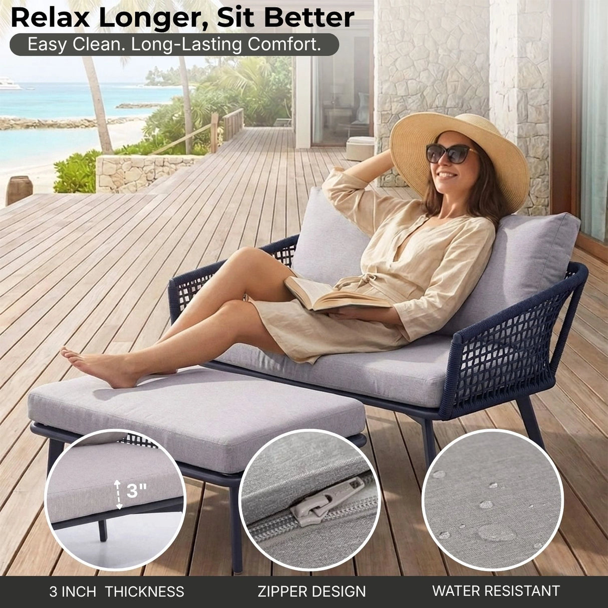 2-Piece Outdoor Rope Loveseat Sofa With Ottoman
